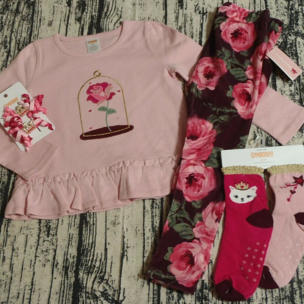 Gymboree Royal Princess 4T Leggings Shirt Hair Curly Clips Socks Outfit NWT